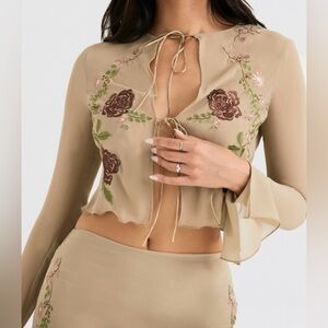 Tan House of CB ASRA artichoke sheer long sleeve blouse embroidered floral S NWT